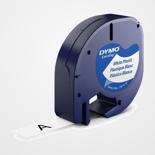CINTA de ROTULAR DYMO LETRATAG PLASTICO 4m 12mm NEGRO sobre BLANCO (91201)