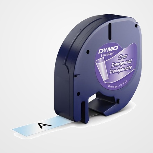 CINTA de ROTULAR DYMO LETRATAG PLASTICO 4m 12mm NEGRO sobre TRANSPARENTE (12267)