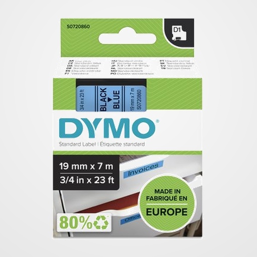 CINTA de ROTULAR DYMO LM D1 7m 19mm NEGRO sobre AZUL (45806)