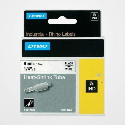 CINTA de ROTULAR DYMO RHINO ID1 TERMO RETRACTIL 1,5m  6mm NEGRO sobre BLANCO (18051)