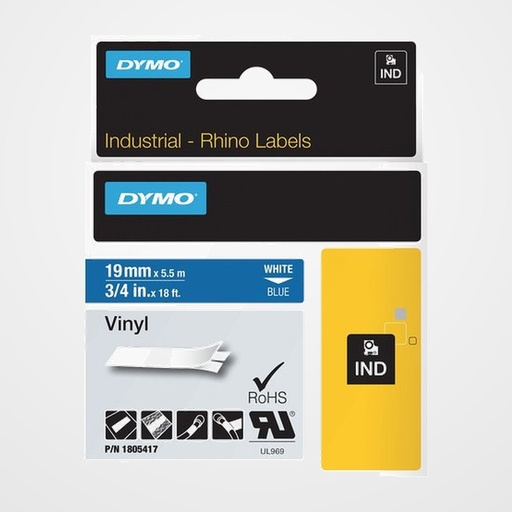 CINTA de ROTULAR DYMO RHINO ID1 VINILO 5,5m 19mm BLANCO sobre AZUL (1805417)