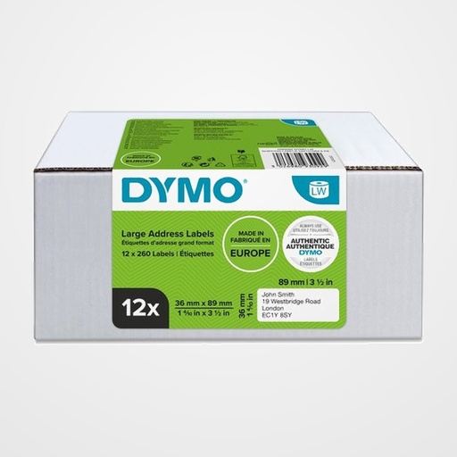 ETIQUETAS DYMO LABEL WRITER  36x89 mm RL.260 uds. PAPEL BLANCO DIRECCION VALUE PACK 12 ROLLOS