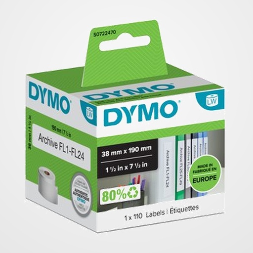 ETIQUETAS DYMO LABEL WRITER  38x190 mm ROLLO 110 uds.PAPEL BLANCO LOMO ARCHIVADOR (99018)