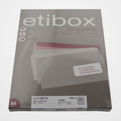 ETIQUETAS ADH.IMPR. A4 BLANCA CAJA 100h C.RECTOS  48,5x25,4 mm 4.400 uds.