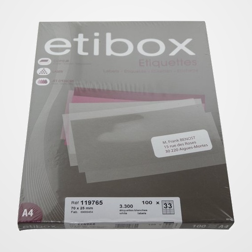 ETIQUETAS ADH.IMPR. A4 BLANCA CAJA 100h C.RECTOS  70x25 mm 3.300 uds.