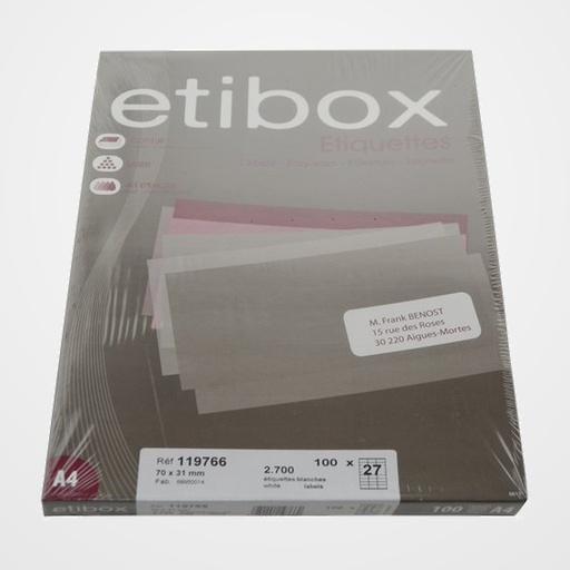 ETIQUETAS ADH.IMPR. A4 BLANCA CAJA 100h C.RECTOS  70x31 mm 2.700 uds.
