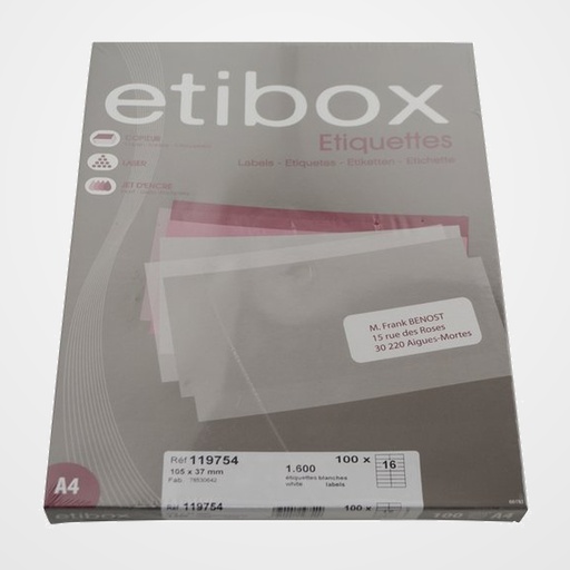 ETIQUETAS ADH.IMPR. A4 BLANCA CAJA 100h C.RECTOS 105x 37 mm 1.600 uds.