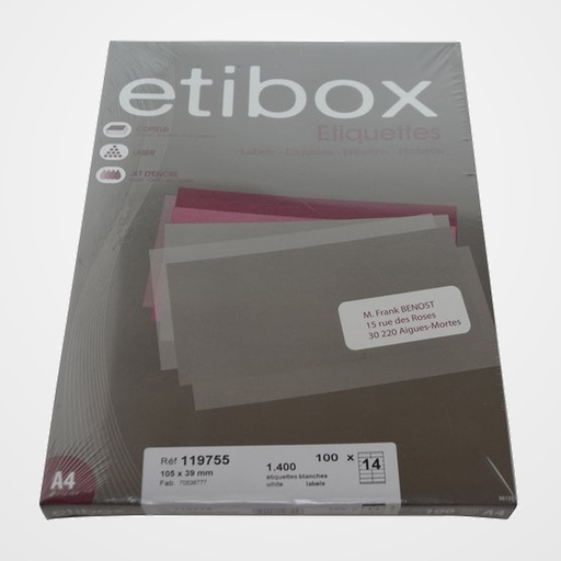 ETIQUETAS ADH.IMPR. A4 BLANCA CAJA 100h C.RECTOS 105x 39 mm 1.400 uds.