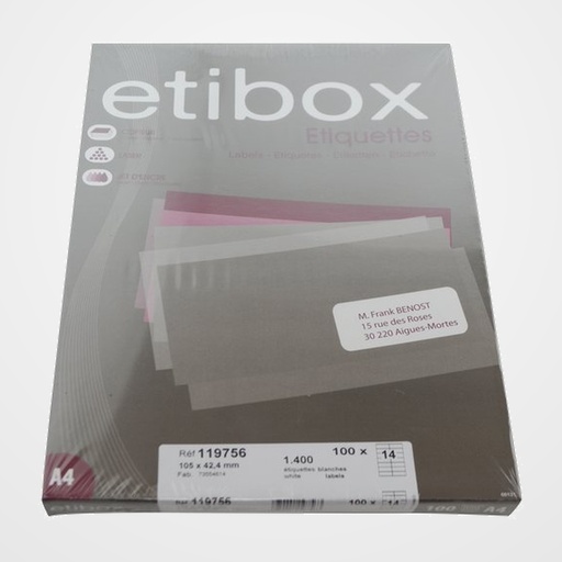 ETIQUETAS ADH.IMPR. A4 BLANCA CAJA 100h C.RECTOS 105x 42,4 mm 1.400 uds.