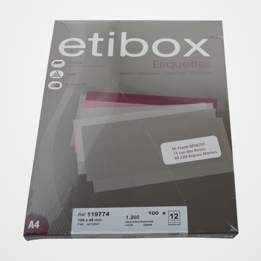 ETIQUETAS ADH.IMPR. A4 BLANCA CAJA 100h C.RECTOS 105x 48 mm 1.200 uds.