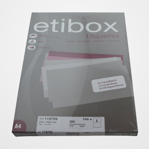 ETIQUETAS ADH.IMPR. A4 BLANCA CAJA 100h C.RECTOS 210x148,5 mm 200 uds.