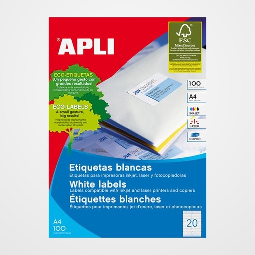 ETIQUETAS ADH.IMPR.APLI A4 BLANCA C.RECTOS CAJA 100h 105x 28,75 mm -1.600 uds.- y 105x33,5 mm -400 uds.-(12330)