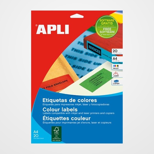 ETIQUETAS ADH.IMPR.APLI A4 COLOR AZUL C.RECTOS BLISTER 20h 210x297 mm 20 uds.(01600)