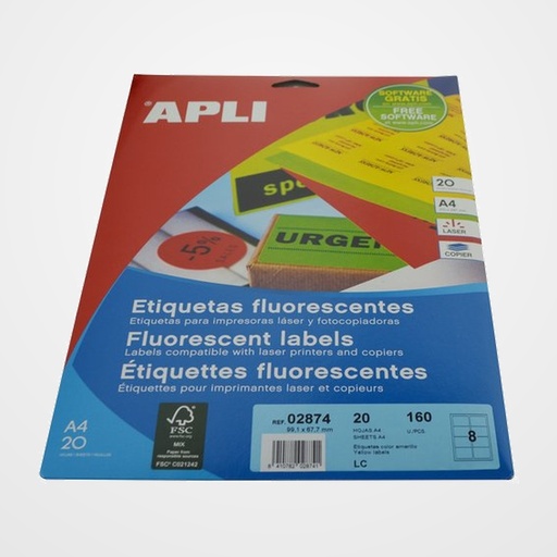 ETIQUETAS ADH.IMPR.APLI A4 FLUOR AMARILLO LS-CP C.ROMOS BLISTER 20h 99,1x67,7 mm 160 uds.(02874)
