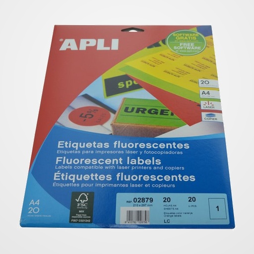 ETIQUETAS ADH.IMPR.APLI A4 FLUOR NARANJA LS-CP C.RECTOS BLISTER 20h 210x297 mm 20 uds.(02879)