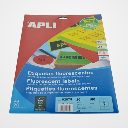 ETIQUETAS ADH.IMPR.APLI A4 FLUOR NARANJA LS-CP C.ROMOS BLISTER 20h 99,1x67,7 mm 160 uds.(02875)