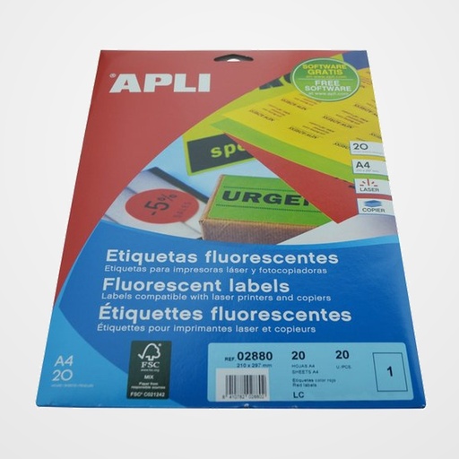 ETIQUETAS ADH.IMPR.APLI A4 FLUOR ROJO LS-CP C.RECTOS BLISTER 20h 210x297 mm 20 uds.(02880)