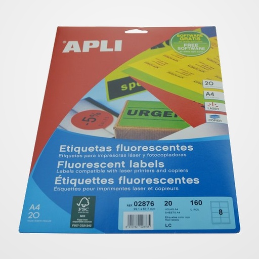 ETIQUETAS ADH.IMPR.APLI A4 FLUOR ROJO LS-CP C.ROMOS BLISTER 20h 99,1x67,7 mm 160 uds.(02876)