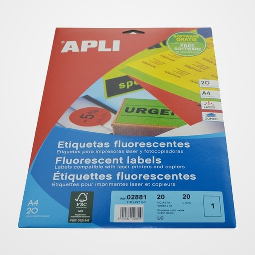 ETIQUETAS ADH.IMPR.APLI A4 FLUOR VERDE LS-CP C.RECTOS BLISTER 20h 210x297 mm 20 uds.(02881)