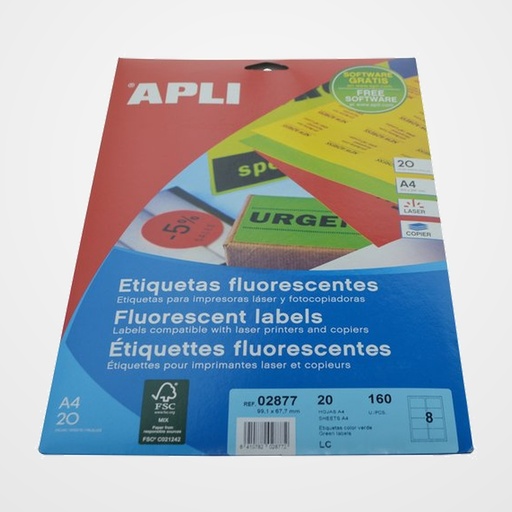 ETIQUETAS ADH.IMPR.APLI A4 FLUOR VERDE LS-CP C.ROMOS BLISTER 20h 99,1x67,7 mm 160 uds.(02877)