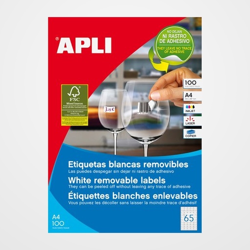 ETIQUETAS ADH.IMPR.APLI A4 BLANCA C.RECTOS REMOVIBLE CAJA 100h  38x21,2 mm 6.500 uds.(03052)