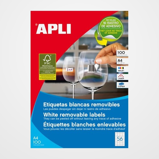 ETIQUETAS ADH.IMPR.APLI A4 BLANCA C.RECTOS REMOVIBLE CAJA 100h  52,5x21,2 mm 5.600 uds.(03055)
