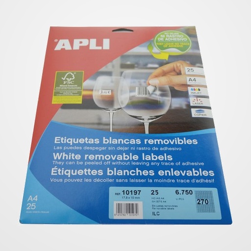 ETIQUETAS ADH.IMPR.APLI A4 BLANCA C.ROMOS REMOVIBLE BLISTER 25h 17,8x10 mm 6.750 uds.(10197)