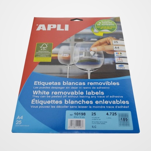 ETIQUETAS ADH.IMPR.APLI A4 BLANCA C.ROMOS REMOVIBLE BLISTER 25h 25,4x10 mm 4.725 uds.(10198)