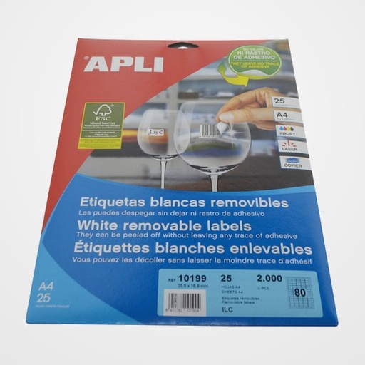 ETIQUETAS ADH.IMPR.APLI A4 BLANCA C.ROMOS REMOVIBLE BLISTER 25h 35,6x16,9 mm 2.000 uds.(10199)