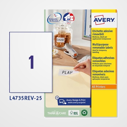 ETIQUETAS ADH.IMPR.AVERY A4 BLANCA C.RECTOS REMOVIBLE CAJA 25h 210x297 mm 25 uds.(L4735REV)