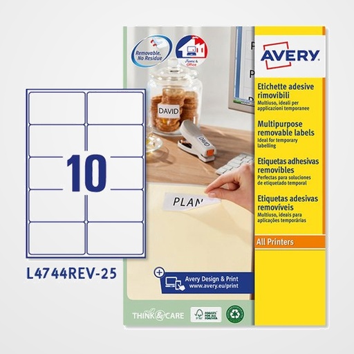 ETIQUETAS ADH.IMPR.AVERY A4 BLANCA C.ROMOS REMOVIBLE CAJA 25h 96x50,8 mm 250 uds.(L4744REV)