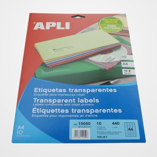 ETIQUETAS ADH.IMPR.APLI A4 POLYESTER TRANSP.BRILLO INKJET BLISTER 10h  48,5x25,4 mm C.ROMOS 440 uds.(10050)