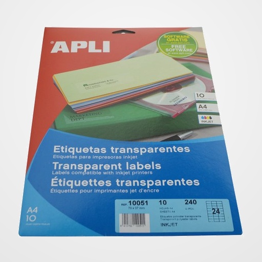 ETIQUETAS ADH.IMPR.APLI A4 POLYESTER TRANSP.BRILLO INKJET BLISTER 10h  70x37 mm C.RECTOS 240 uds.(10051)
