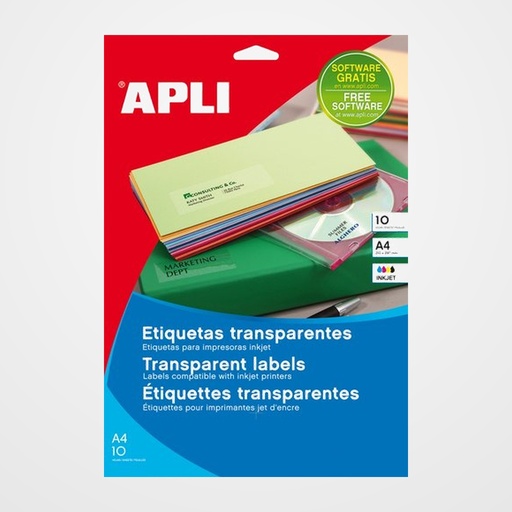 ETIQUETAS ADH.IMPR.APLI A4 POLYESTER TRANSP.BRILLO INKJET BLISTER 10h  99,1x38,1 mm C.ROMOS 140 uds.(10052)