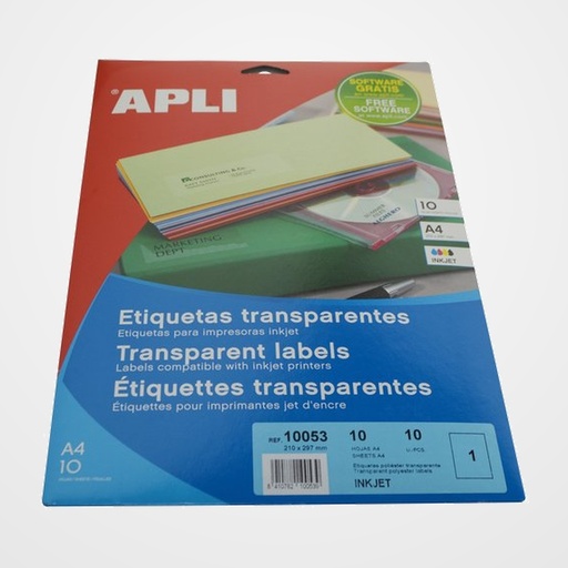 ETIQUETAS ADH.IMPR.APLI A4 POLYESTER TRANSP.BRILLO INKJET BLISTER 10h 210x297 mm C.RECTOS 10 uds.(10053)