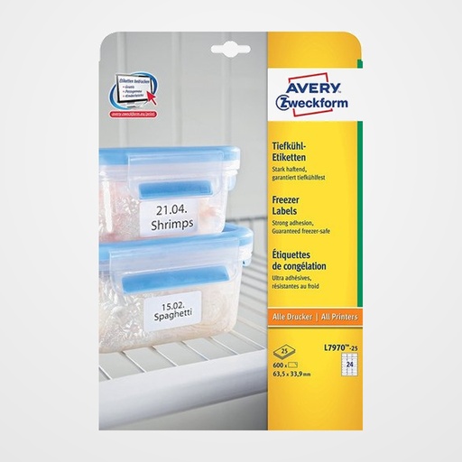 ETIQUETAS ADH.IMPR.AVERY A4 BLANCA ESPECIAL CONGELADOR C.ROMOS CAJA 25h 63,5x33,9 mm 600 uds.(L7970)