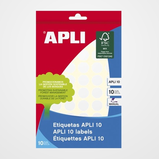 ETIQUETAS ADH.MANUALES BOLSA APLI BLANCAS 10h REDONDAS Ø 13 mm 770 uds.(01626)