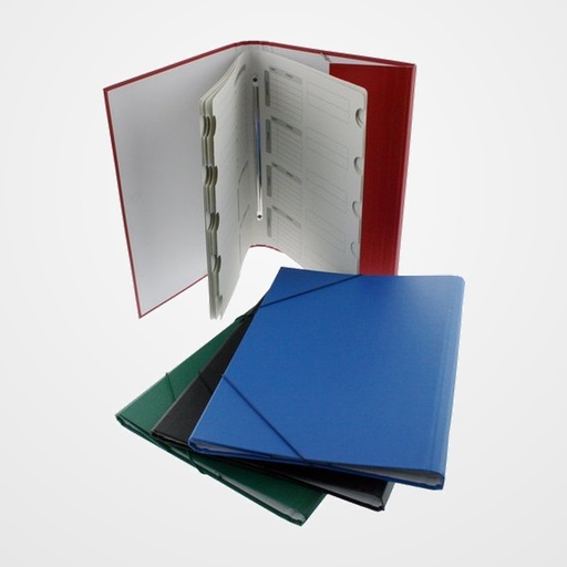 CARPETA CLASIFICADORA DOHE CARTON PLASTIF. Fº 12 DPTOS.GOMAS y SOLAPA 3 col.surt.(AZUL-ROJO-VERDE)
