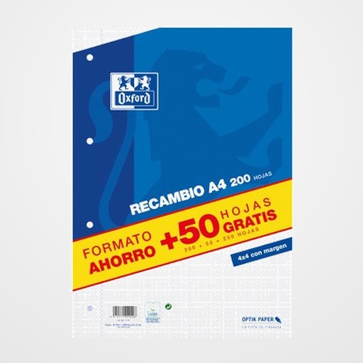 RECAMBIO OXFORD SCHOOL A4 250h (200+50) 90gr 4 TALADROS CUADRIC.4x4 C/MARGEN AZUL