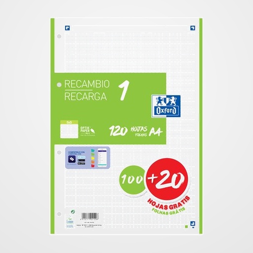 RECAMBIO OXFORD SCHOOL COLOR 1 A4 100h  90gr 4 TALADROS CUADRIC.5x5 VERDE (1 color en banda)