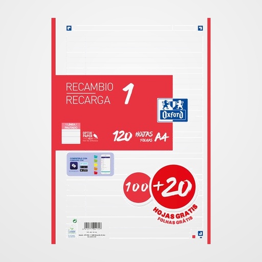RECAMBIO OXFORD SCHOOL COLOR 1 A4 120h (100+20)  90gr 4 TALADROS HORIZONTAL ROJO (1 color en banda)