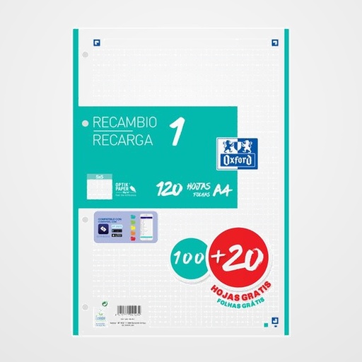 RECAMBIO OXFORD SCHOOL COLOR 1 A4 120h (100+20) 90gr 4 TALADROS CUADRIC.5x5 ICE MINT (1 color en banda)