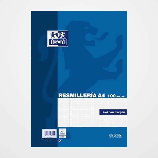 PAPEL OXFORD SCHOOL A4 100h 90gr CUADRIC.4x4 C/MARGEN AZUL