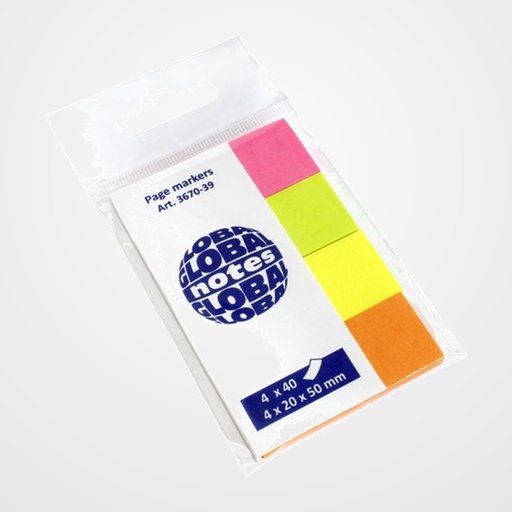 BANDERITAS ADHESIVAS 20x50 COLORES BRILLANTES PACK de 4 (verde-amarillo-naranja-rosa)