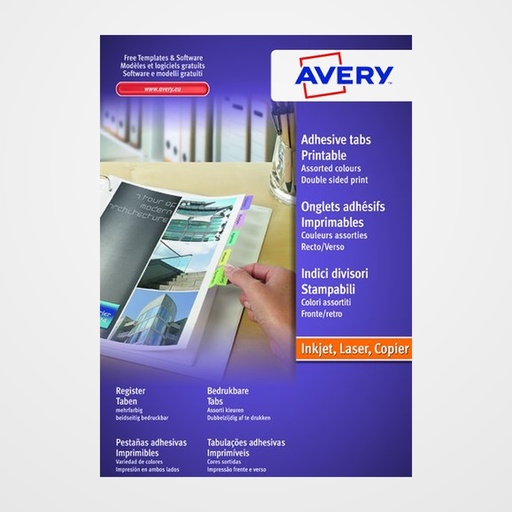 ETIQUETAS ADH.IMPR.AVERY A4 INDICES COLORES SURTIDOS INKJET/LASER CAJA 4h 33x13 mm 96 uds.(05412501)