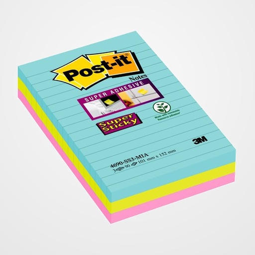 TACO NOTAS POST-IT 4690 SUPER STICKY 101x152 COLORES COSMIC CON LINEAS PACK DE 3