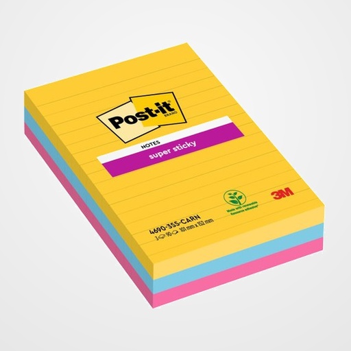 TACO NOTAS POST-IT 4690 SUPER STICKY 101x152 COLORES RIO DE JANEIRO CON LINEAS PACK DE 3