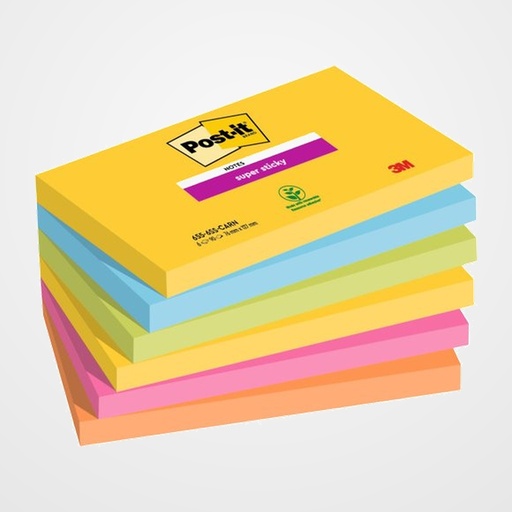 TACO NOTAS POST-IT 655 SUPER STICKY 76x127 COLORES CARNIVAL PACK de 6