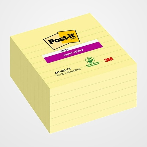 TACO NOTAS POST-IT 675 SUPER STICKY 101x101 AMARILLO CANARIO CON LINEAS PACK DE 6