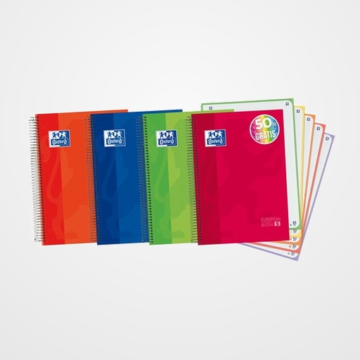 BLOC OXFORD SCHOOL EU.BOOK 5 micro.tapa EXTRA A4+ 120h CUADRIC.5x5 90g SURTIDO (col. vivos)